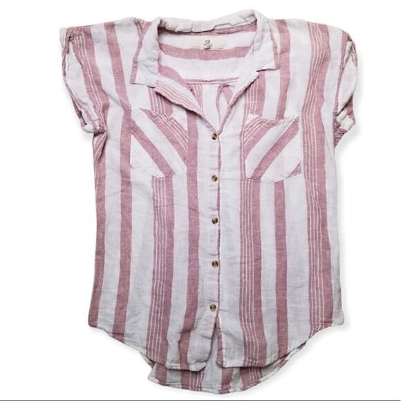 THREAD & SUPPLY DUSTY PINK STRIPED SHORT SLEEVE BUTTON DOWN LINEN SHIRT SMALL - Picture 5 of 8